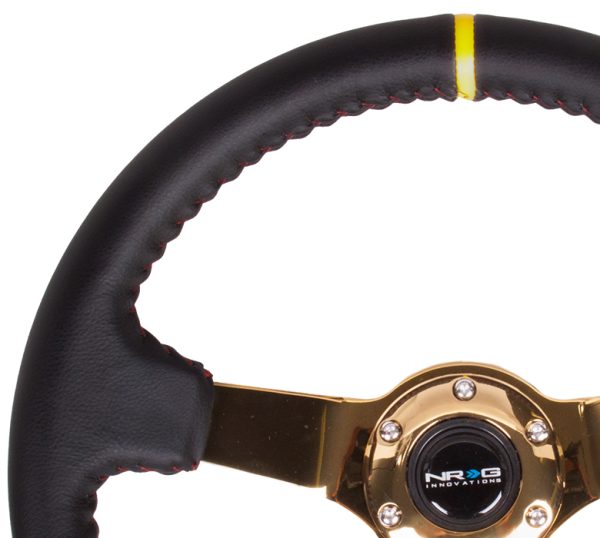 lmr NRG 350mm Sport wheel - Black Leather, Red Baseball Stitch, Gold spoke - Yellow Stripe