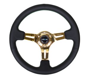 NRG Black Leather Steering Wheel (3″ Deep), 350mm, 3 spoke center in Chrome Gold w/ Green Stitch
