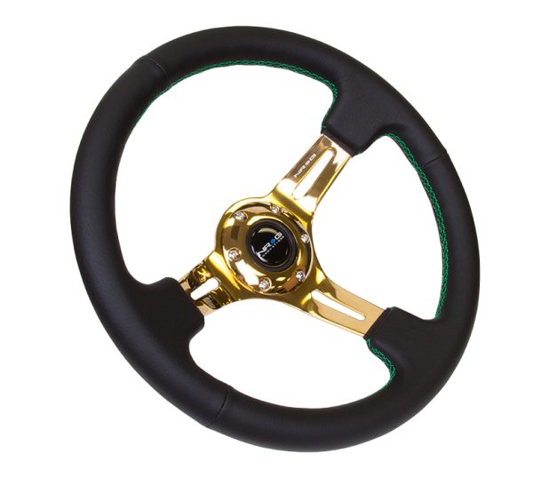 lmr NRG Black Leather Steering Wheel (3" Deep), 350mm, 3 spoke center in Chrome Gold w/ Green Stitch