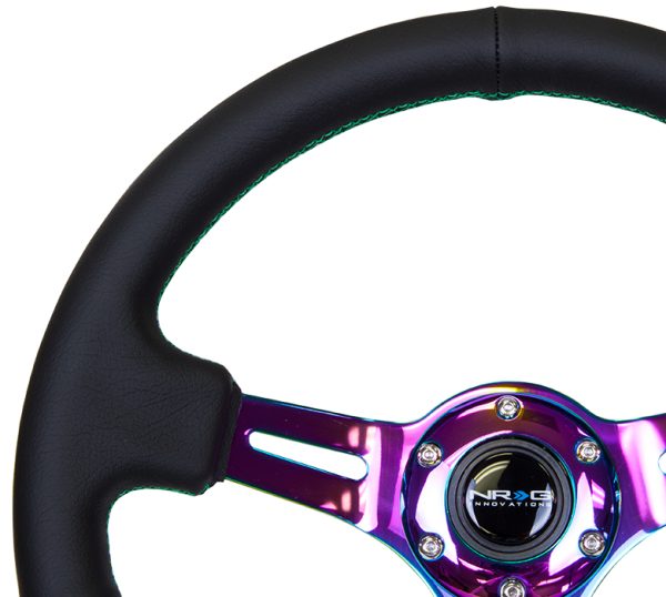 lmr NRG Black Leather Steering Wheel (3" Deep), 350mm, 3 spoke center in Neochrome w/ Green Stitch