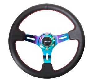 NRG Black Leather Steering Wheel (3″ Deep), 350mm, 3 spoke center in Neochrome w/ Red Stitch