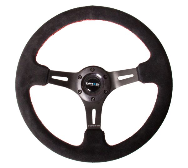 lmr NRG Black Suede Steering Wheel (3" Deep), 350mm, 3 spoke center in Black w/ Red Stitch