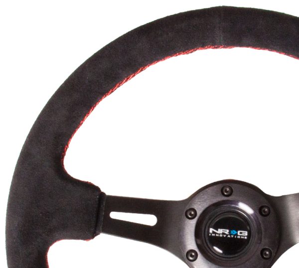 lmr NRG Black Suede Steering Wheel (3" Deep), 350mm, 3 spoke center in Black w/ Red Stitch