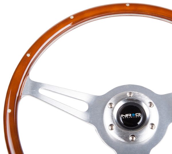 lmr NRG Classic Wood Grain Wheel, 365mm, 3 spoke center in polished aluminum, wood w/ metal accents