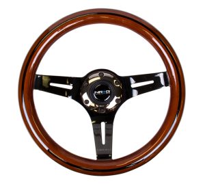 NRG Classic Dark Wood Grain Wheel, Black line inlay, 310mm, 3 spoke center in Black Chrome