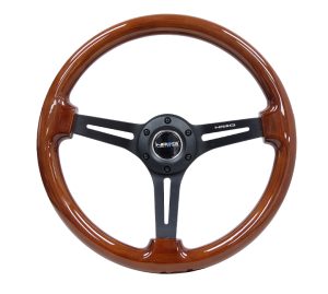 NRG Reinforced Classic Wood Grain Wheel, 350mm, 3 spoke Slotted Center Black with Brown Painted Wood