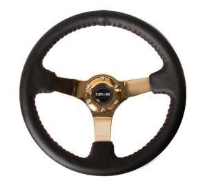 NRG (3″ Deep, 4mm ) 350mm Sport wheel  – Black Leather, Red Baseball Stitch, Gold spoke
