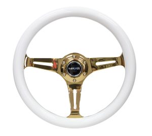 NRG Wood Steering Wheel 350mm 3 Chrome Gold Spokes – White Grip