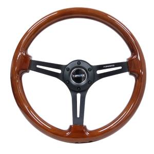 lmr NRG Reinforced Classic Wood Grain Wheel, 350mm, 3 spoke Slotted Center Black with Brown Painted Wood