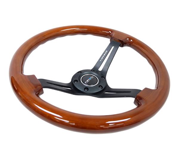 lmr NRG Reinforced Classic Wood Grain Wheel, 350mm, 3 spoke Slotted Center Black with Brown Painted Wood